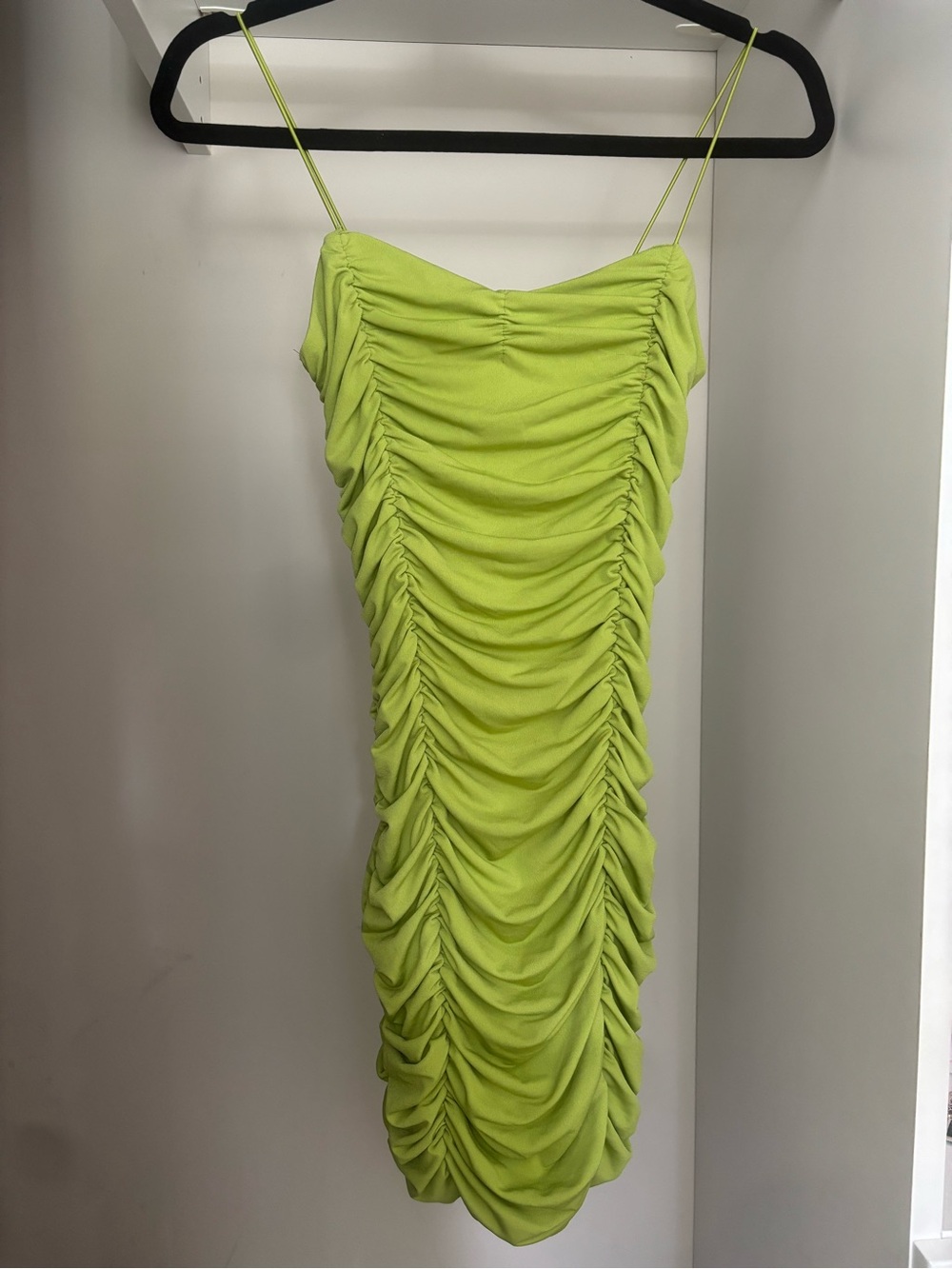 Ruched Lime Mini Dress with Spaghetti Straps